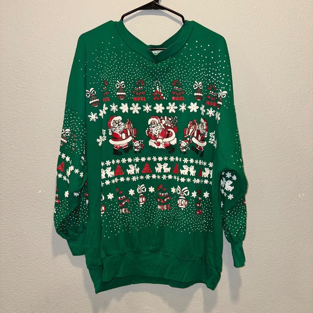 Nutcracker Christmas Sweater Green Santa‎ Snowflakes Noel XL Vintage 44